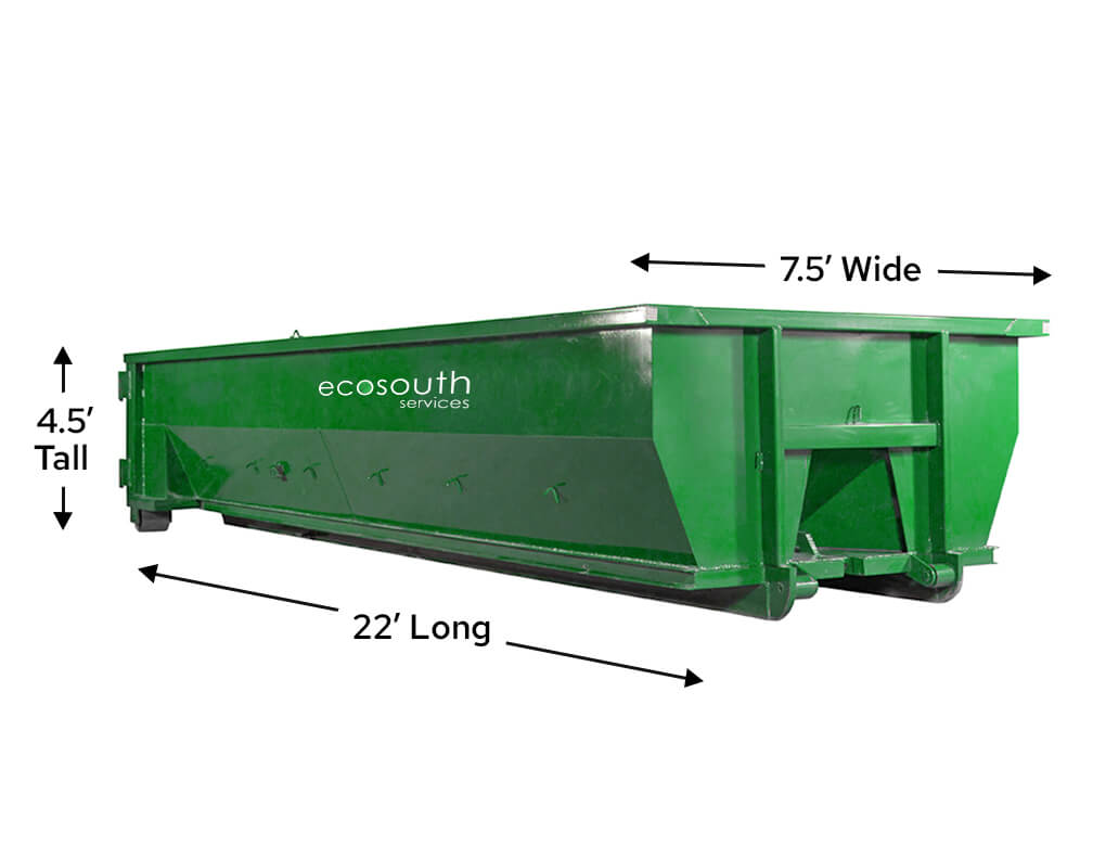 front right view of a 20yd roll off dumpster with its measures